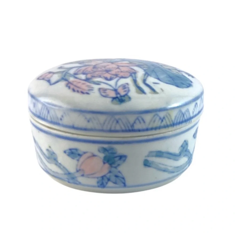 Vintage Chinese Porcelain Trinket Box Jewelry Holder Lotus Butterfly Chinoiserie